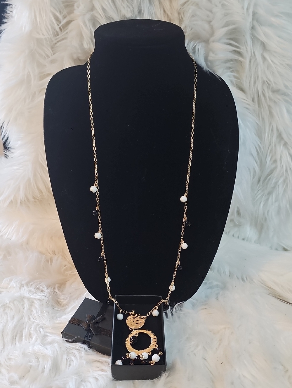 Talbot's Gold-Tone Long Necklace with White/Black Bead Accents #109